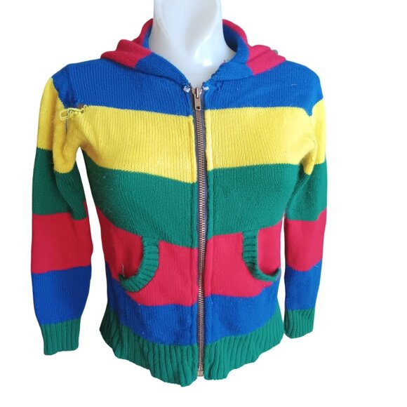 XS Vintage Hoodie Sweater Women's Rainbow Striped Knit Zip-Up Pockets 70's Hippy - Picture 3 of 8